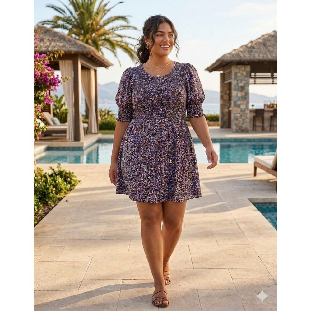 Cinched Ditsy Floral Cottagecore Black Mini Dress 3XL Sz 24W-26W 100% Cotton